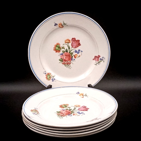 5 or 6 vintage French flat PLATES, semi-porcelain Orchies Saint-Amand, flowers