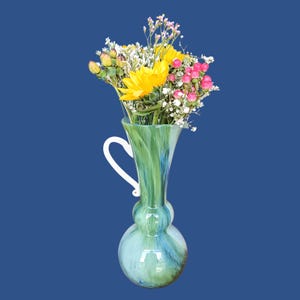 Superb vintage green, blue, white opaline VASE with handle