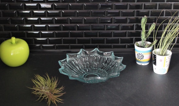 Trinket dish, star-shaped bowl, clear glass with green sheen, embossed pattern, classic, shabby chic, vintage decor