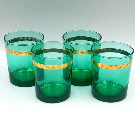4 luminarc whiskey GLASSES emerald green and gold vintage France