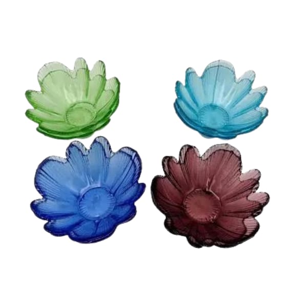 8 COLORED GLASS FLOWER CUPS including: 2 green + 2 turquoise + 2 dark blue + 2 plum