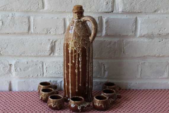 Vintage 1950s French ceramic liqueur set with 6 matching mini bowls