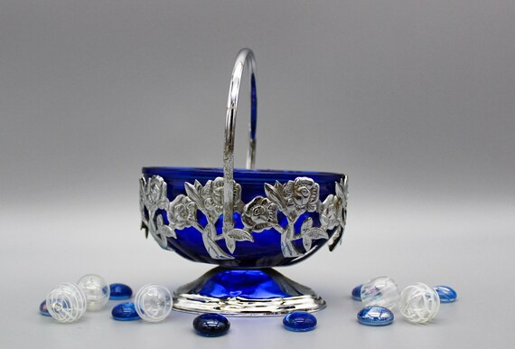SUGAR BOWL cobalt blue glass in a stainless steel support, vintage bowl.