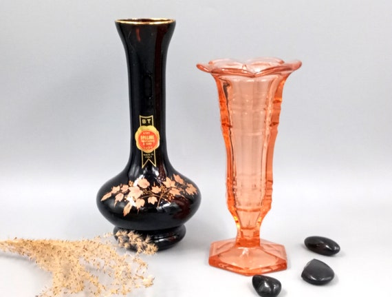 Pair of vintage black milk glass vases, decorated with pink flowers, retro chic