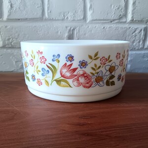 Può includere: Ciotola in ceramica bianca con un motivo floreale con fiori rossi, blu e gialli. La ciotola ha una forma ampia e poco profonda e un bordo leggermente svasato. Il motivo floreale è ripetuto attorno all'esterno della ciotola.