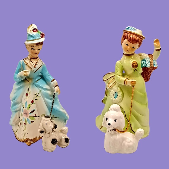 FIGURINE of Woman Walking Her Dog on a Leash, Vintage Figurine Lady with Poodle, Vintage Porcelain