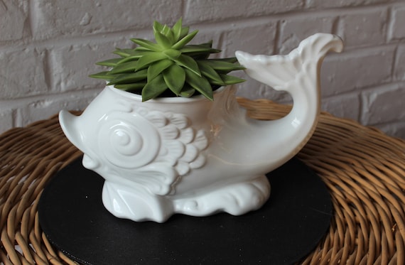 CACHE POT vintage white fish - plant holder - ceramic - France