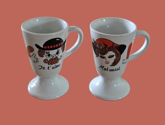 Duo of CUPS couple, man and woman, Mazagran vintage stoneware from the 60s-70s