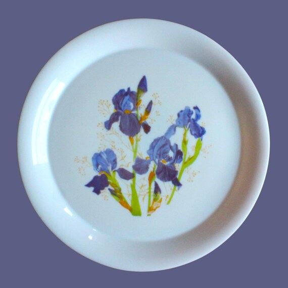 RARE! ARCOPAL round serving tray with blue-violet iris decor