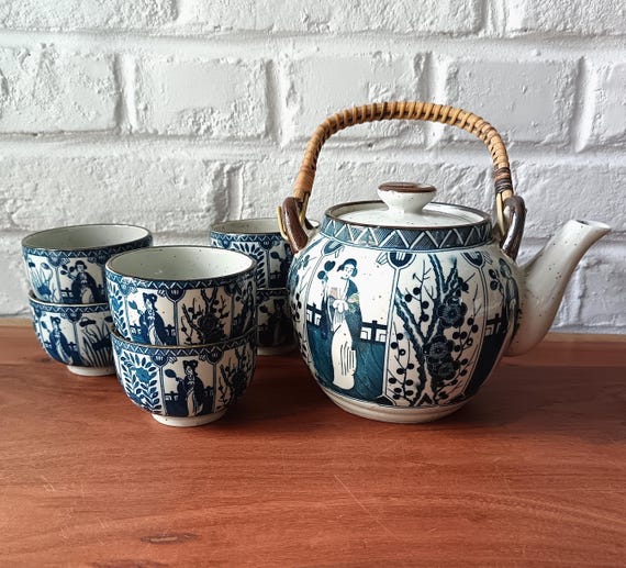 Asian TEA SET in ceramic and rattan with pine pattern