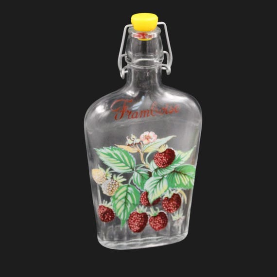 OLD BOTTLE, old glass bottle with raspberry decoration 50 cl