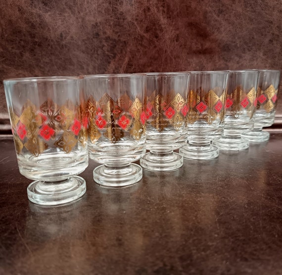 6 Cavalier liqueur GLASSES 6 cl on foot, red gold patterns