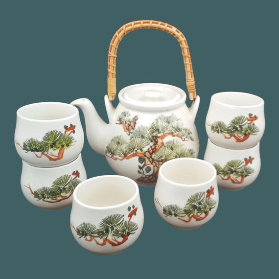 Asian TEA SET in ceramic and rattan with pine pattern