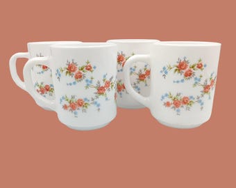 4 Arcopal France opaline white mugs with pink and blue flower pattern