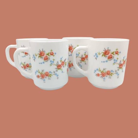 4 Arcopal France opaline white mugs with blue pink flower pattern