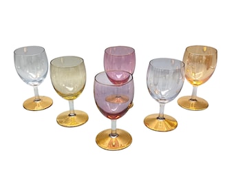 6 veelkleurige glazen in vintage harlekijnkleurig glas