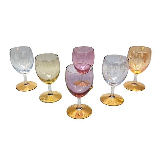 6 MULTICOLOR GLASSES in vintage harlequin colored glass