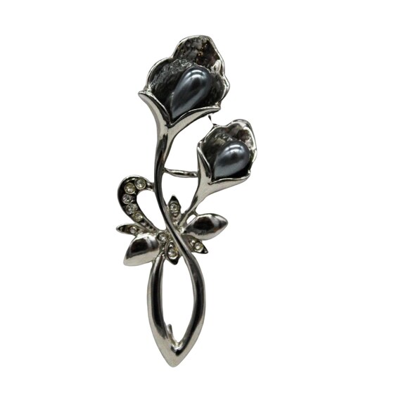 Large vintage brooch bouquet 2 flowers silver metal