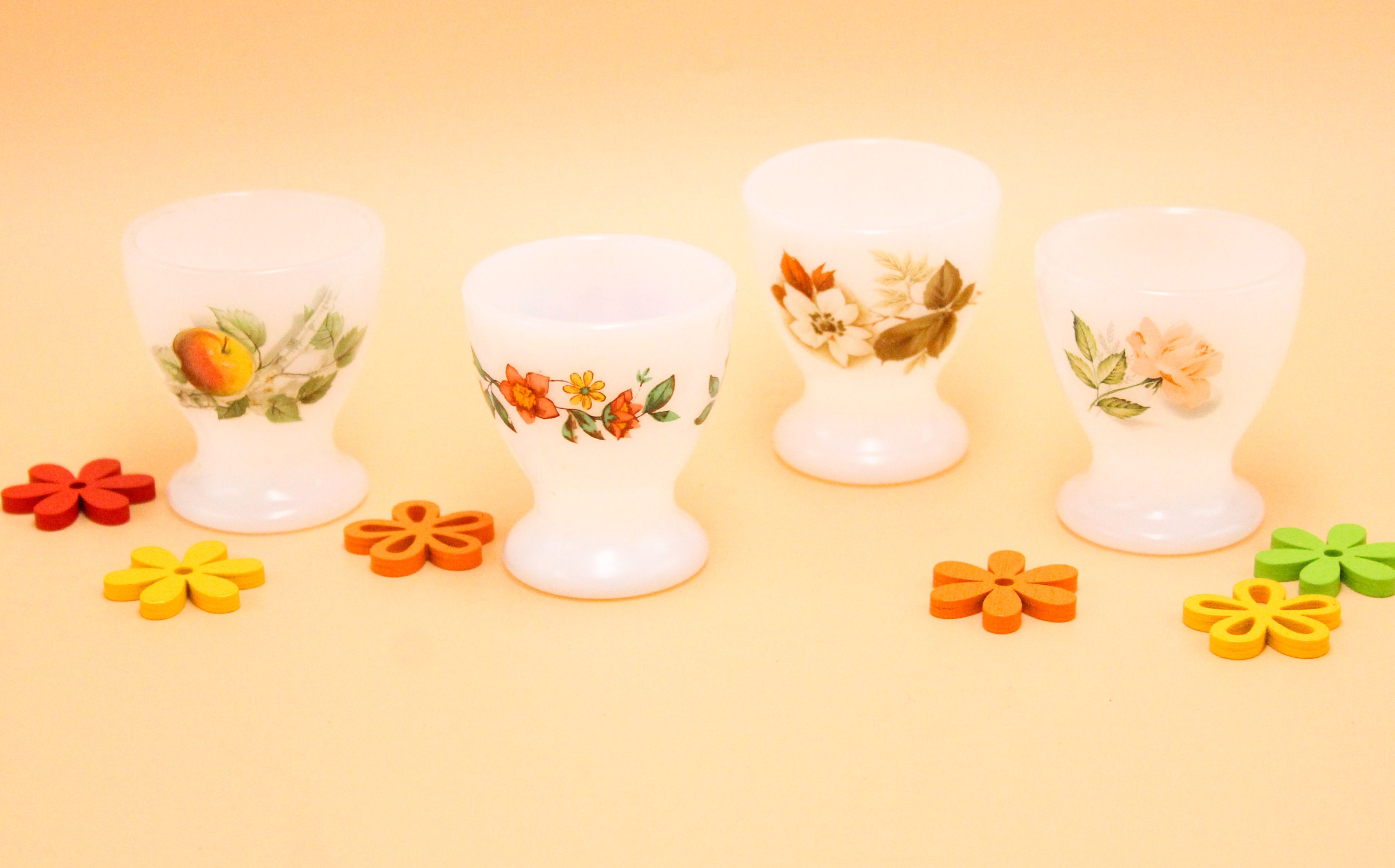 3 Coquetiers Ancien Français Vintage Verre Blanc Lait Opaline Deco Petite Rose