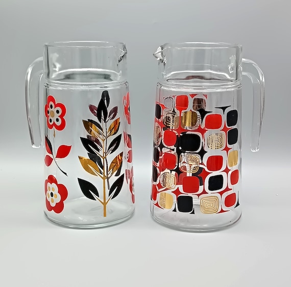 Vintage lemonade pitcher, Luminarc red, black and gold patterns