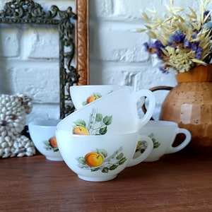 5 Arcopal opaline cups, "Fruits of France" design, vintage France