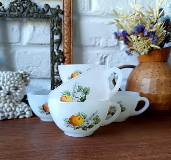 5 Arcopal opaline cups, "Fruits of France" design, vintage France