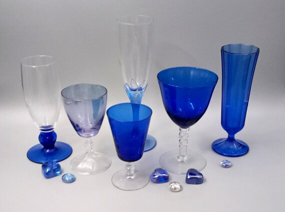 6 mismatched vintage blue GLASSES, champagne glass flute
