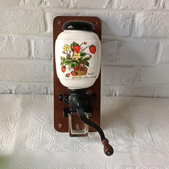Ceramic wall-mounted coffee grinder, wild strawberry decor, vintage France