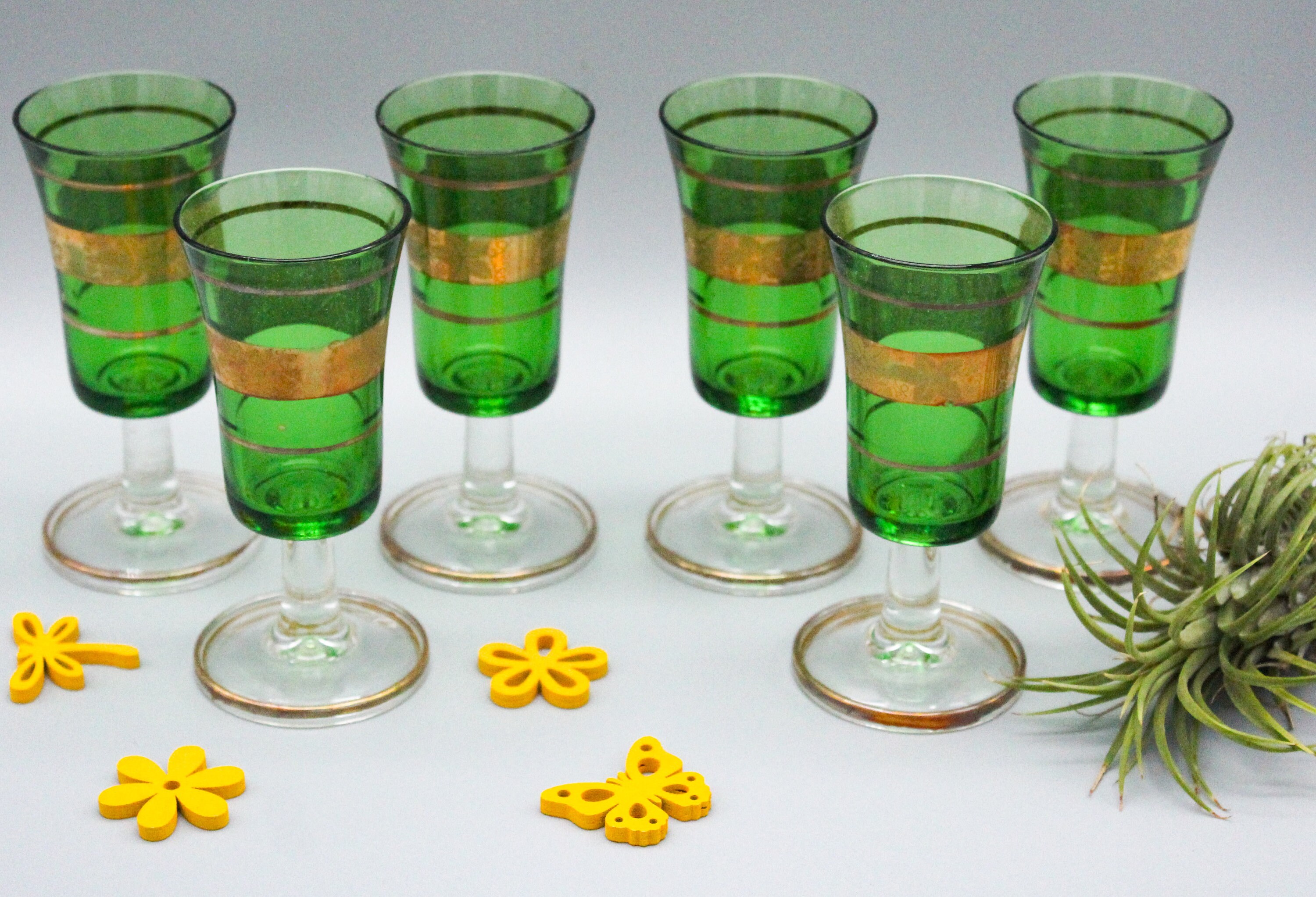 6 Verres Liqueur à Pied Vert et Or Vintage Italie