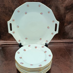 Vintage porcelain dessert plates and dishes with multicolored flower pattern PF France