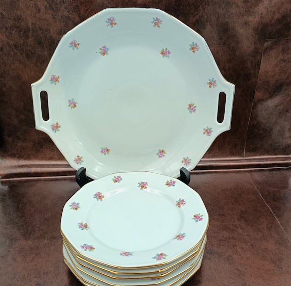 Vintage porcelain dessert plates and dishes with multicolored flower pattern PF France