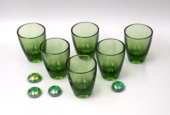 6 Vintage French bottle green liqueur GLASSES, old shots, shooter glasses