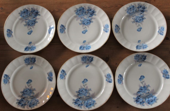 6 porcelain dessert PLATES with blue and gray rose pattern, vintage ceramic tableware