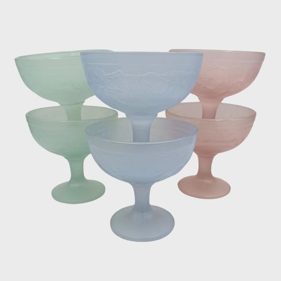 6 vintage LUMINARC France ice cream cups, blue, green, pink, "gourmet" model