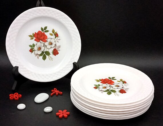 9 French opaline dessert PLATES arcopal red rose pattern
