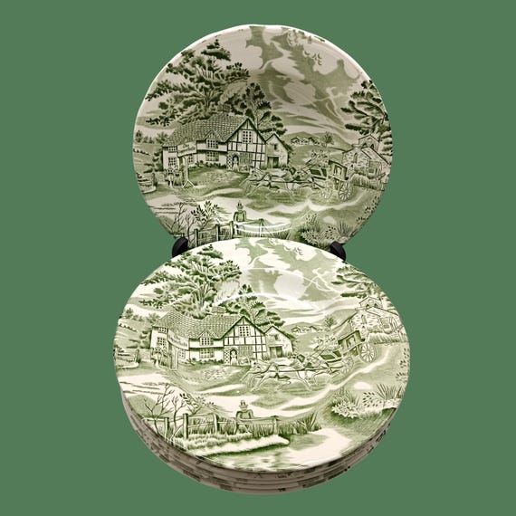 4 or 6 French ceramic Luneville soup plates, Ø-23 cm, green and ivory, English style