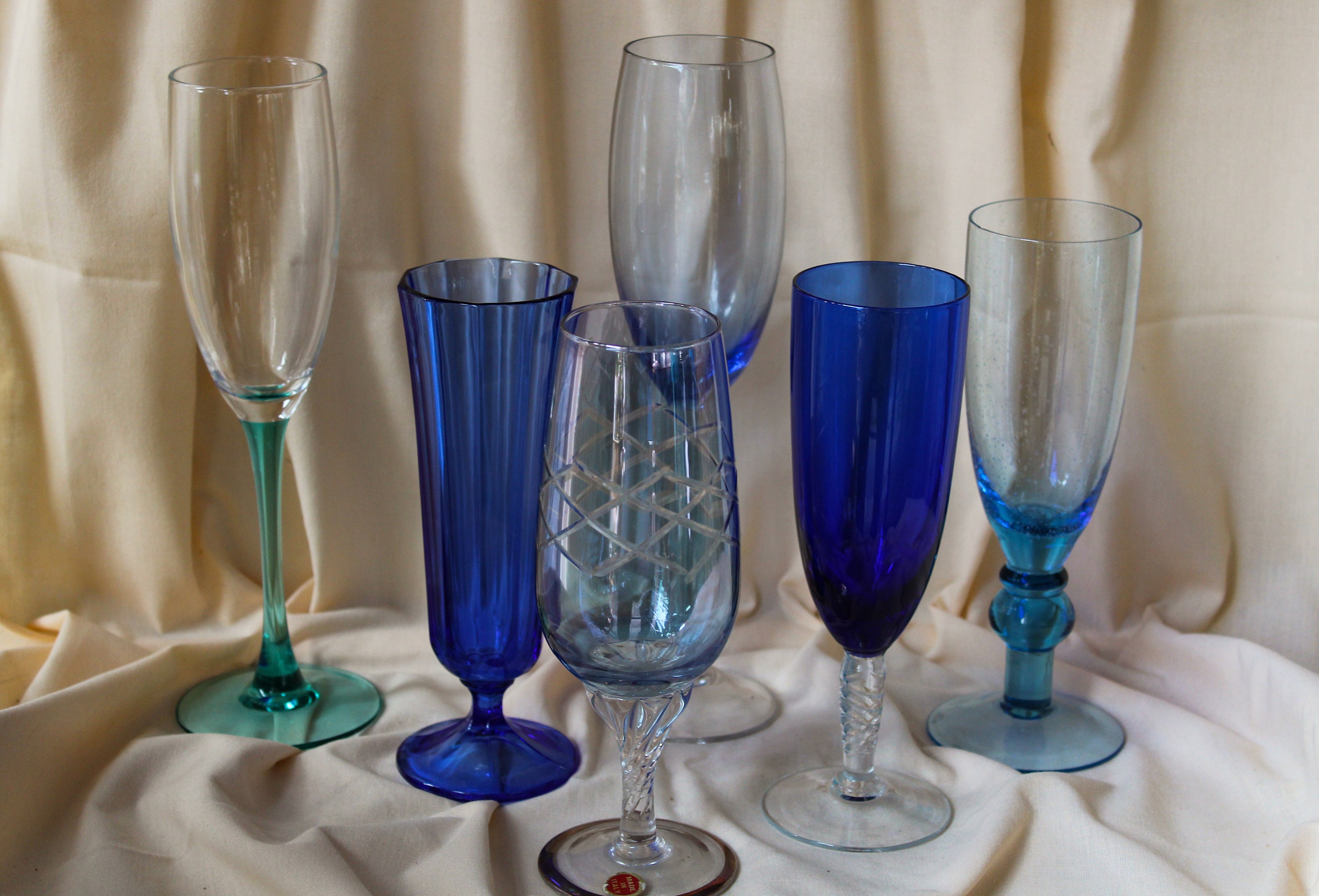 Lot of 6 FLUTES vintage vintage champagne mismatched blue