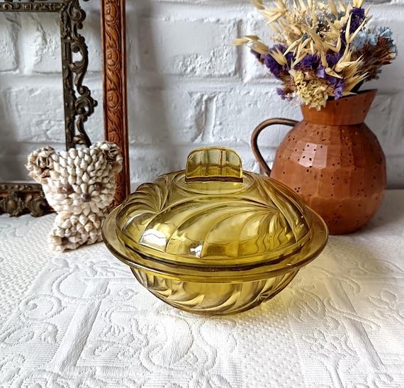 Candy dish in colored glass, sugar bowl, yellow jewelry box