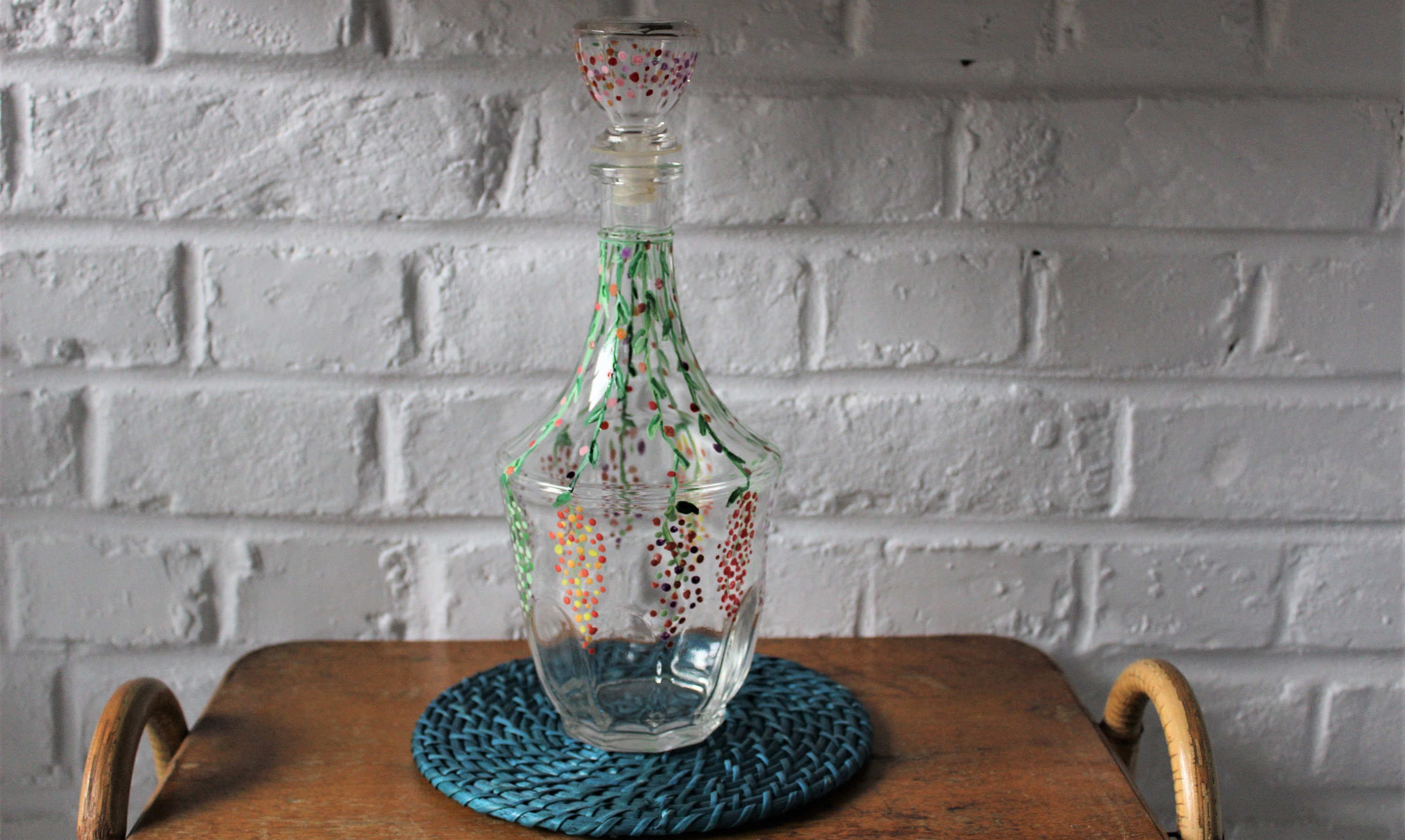 Carafe Vintage Peinte à La Main Grappes de Fleurs Multicolores