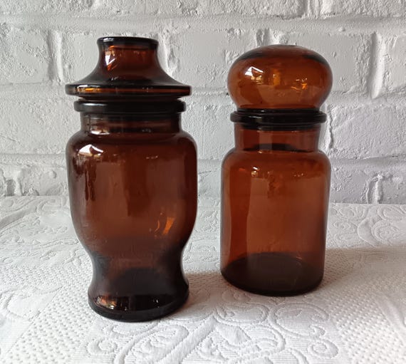 2 vintage brown JARS, LEVER, ARIEL, Antique bottles, Emerald green glass jars Apothecary