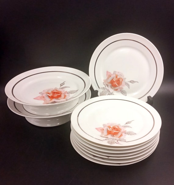 2 PLATES and 8 PLATES dessert in porcelain pink orange gray pattern vintage porcelain France