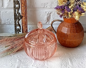 BONBONNIERE en verre coloré rose, sucrier, boite à bijoux