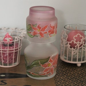 Beautiful NIGHT CARAFE and Water Glass in painted glass fleur-de-lis motif, night servant