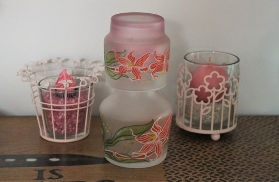 Beautiful NIGHT CARAFE and Water Glass in painted glass fleur-de-lis motif, night servant