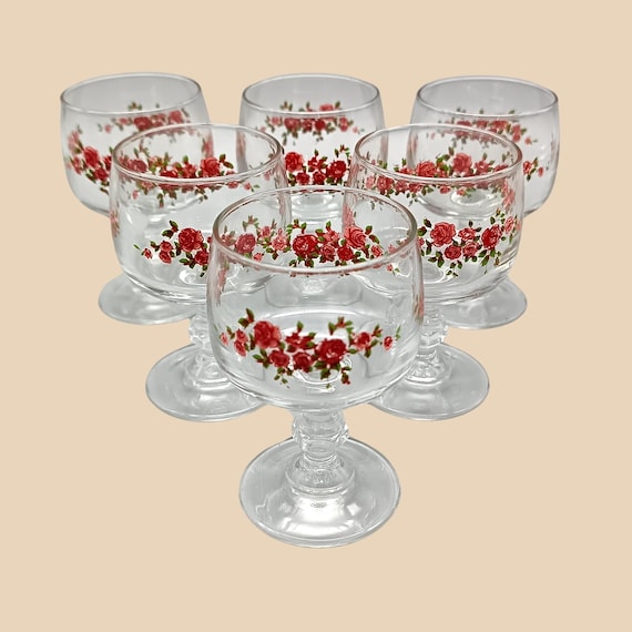 6 pretty antique liqueur GLASSES on foot, vintage shot glass, flower decoration