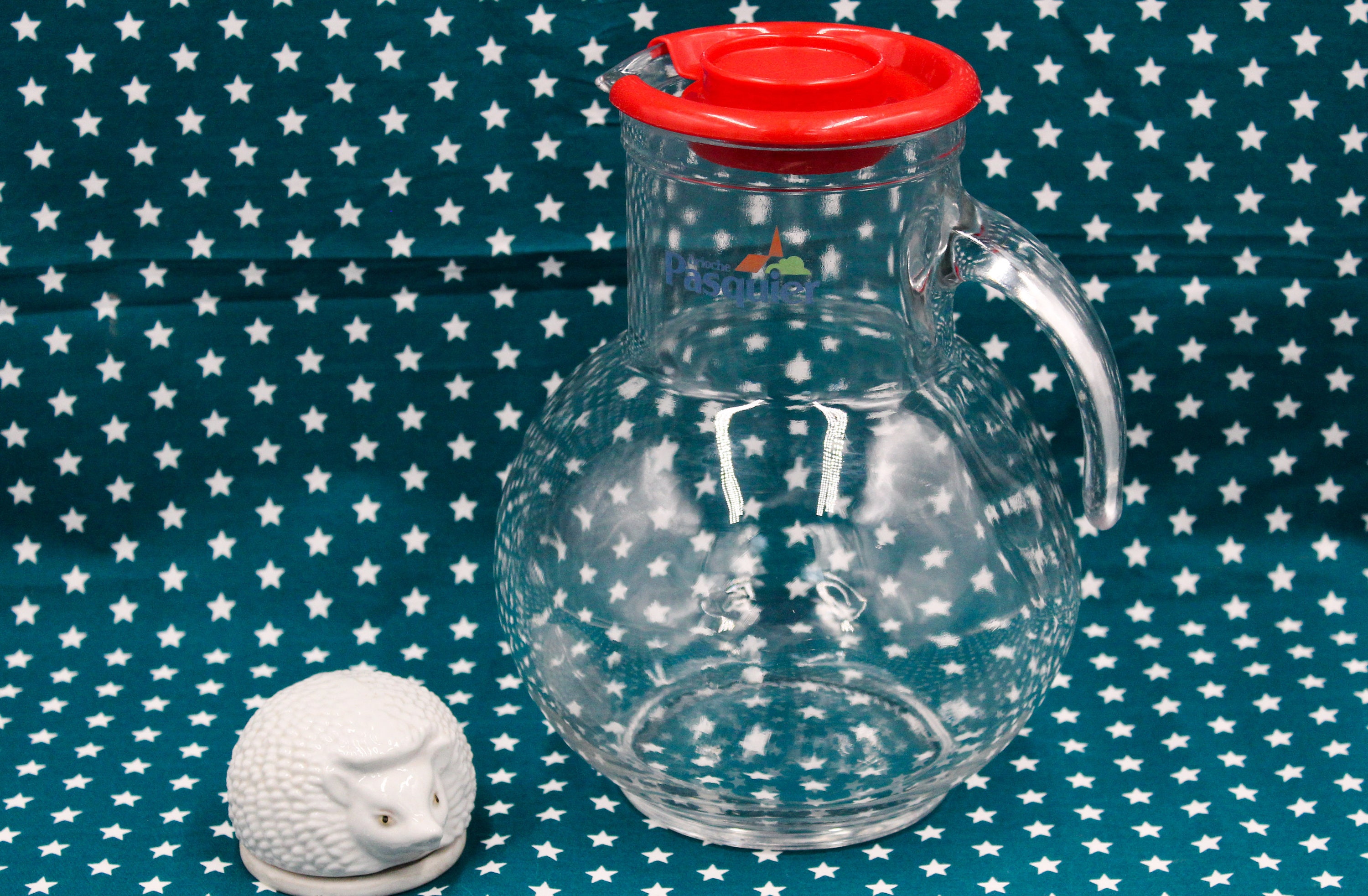 Pichet Publicitaire Vintage, Broc en Verre Transparent Couvercle Rouge