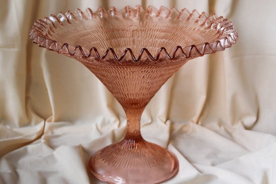 Large shabby pink glass COMPOTIER, magnificent vintage footed BOWL