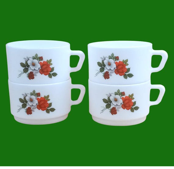 4 large French opaline CUPS arcopal red rose pattern