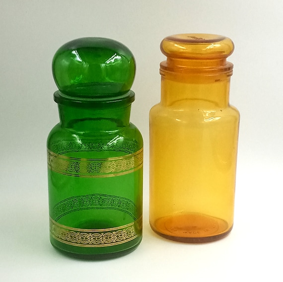Duo of Vintage green glass JARS, apothecary jars with bubble lid and gold decoration made in Belgium