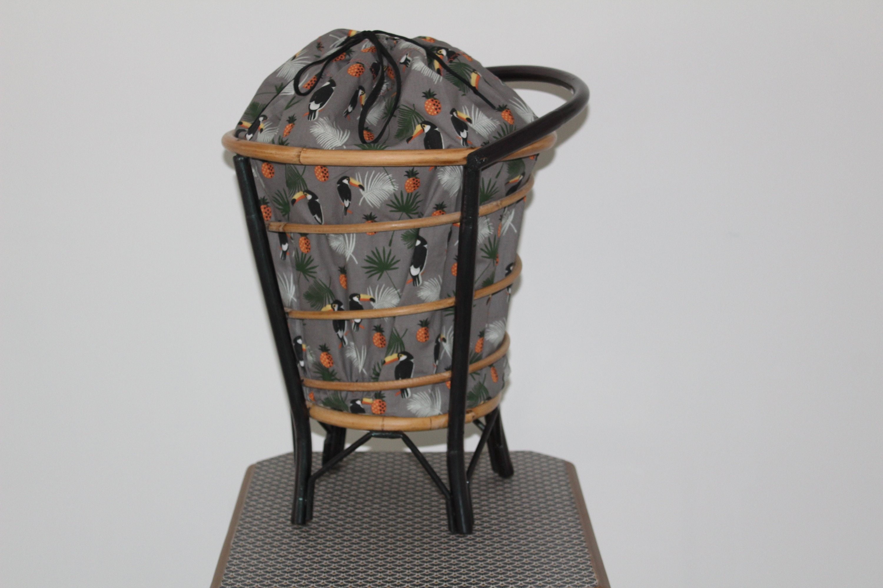 Magnifique Travailleuse Relookee Boîte à Couture Bois Tissu Vintage